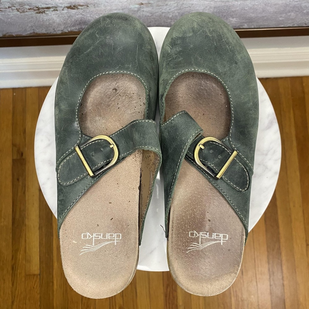 Dansko Clogs Shoes Womens Size 7.5 EU 38 Green Leather Buckle Slip On Comfort - Picture 7 of 9
